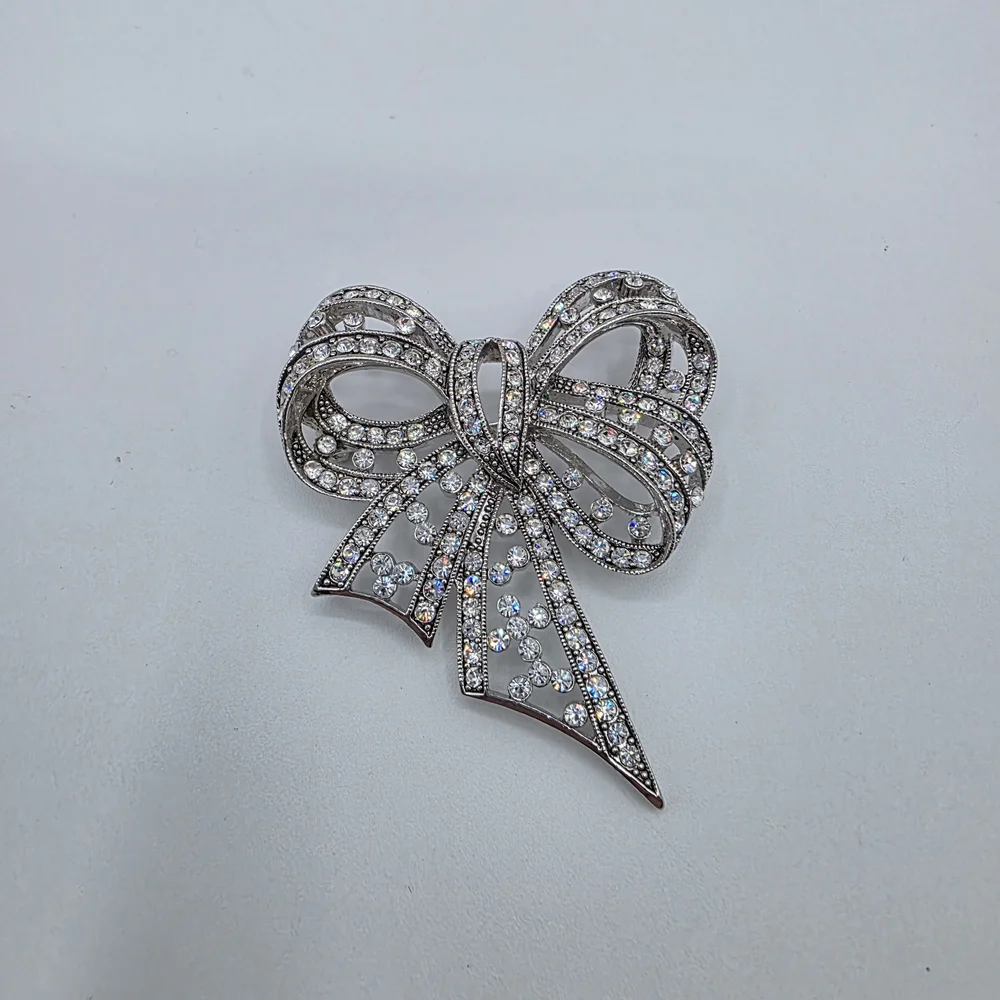 Joan Rivers Crystal and Silver Bow Brooch